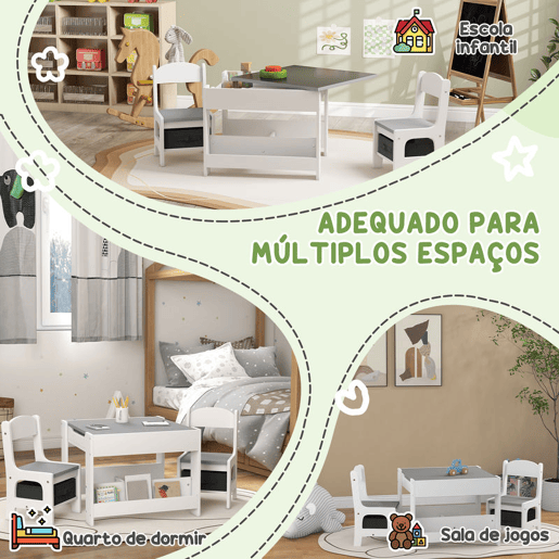 HOMCOM Conjunto de Mesa e 2 Cadeiras Infantis Mesa com Cadeiras para Crianças 2 em 1 com Ardósia Gavetas de Tecido e Espaço de Armazenamento para Quarto Sala de Jogos Cinza HOMCOM Conjunto de Mesa e 2 Cadeiras Infantis Mesa com Cadeiras para Crianças 2 em 1 com Ardósia Gavetas de Tecido e Espaço de Armazenamento para Quarto Sala de Jogos Cinza