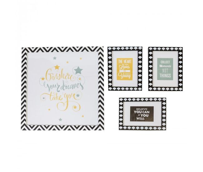 Cuadros set de 4 infantiles mdf blanco y negro 22 x 16/ 38 x 40cm