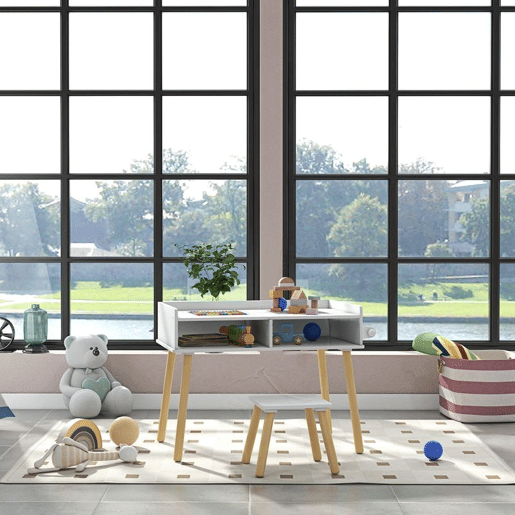 HOMCOM Conjunto de Mesa e Cadeira Infantil Mesa para Crianças com Bancada de Blocos de Construção e Rolo de Papel para Jogar e Desenhar em Sala de Jogos Quarto Cinza