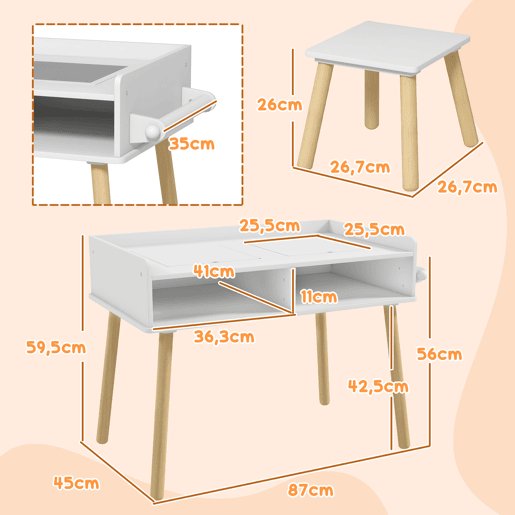HOMCOM Conjunto de Mesa e Cadeira Infantil Mesa para Crianças com Bancada de Blocos de Construção e Rolo de Papel para Jogar e Desenhar em Sala de Jogos Quarto Cinza
