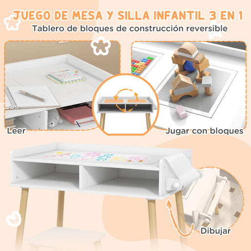 HOMCOM Conjunto de Mesa e Cadeira Infantil Mesa para Crianças com Bancada de Blocos de Construção e Rolo de Papel para Jogar e Desenhar em Sala de Jogos Quarto Cinza