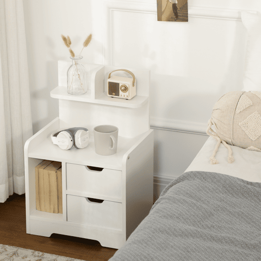 HOMCOM Mesa de Cabeceira Moderna Mesa de Cabeceira com 2 Gavetas e 3 Compartimentos de Armazenamento para Sala de Estar Quarto Carga 30 kg 40x30x60 cm Branco