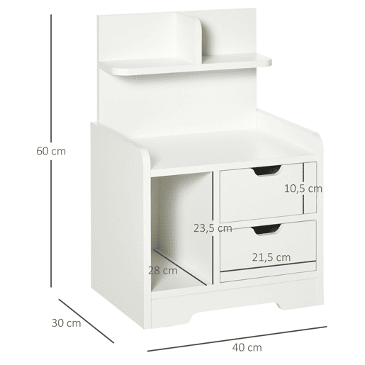 HOMCOM Mesa de Cabeceira Moderna Mesa de Cabeceira com 2 Gavetas e 3 Compartimentos de Armazenamento para Sala de Estar Quarto Carga 30 kg 40x30x60 cm Branco