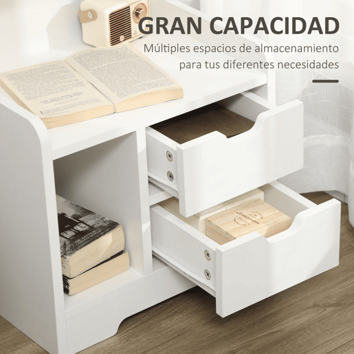 HOMCOM Mesa de Cabeceira Moderna Mesa de Cabeceira com 2 Gavetas e 3 Compartimentos de Armazenamento para Sala de Estar Quarto Carga 30 kg 40x30x60 cm Branco