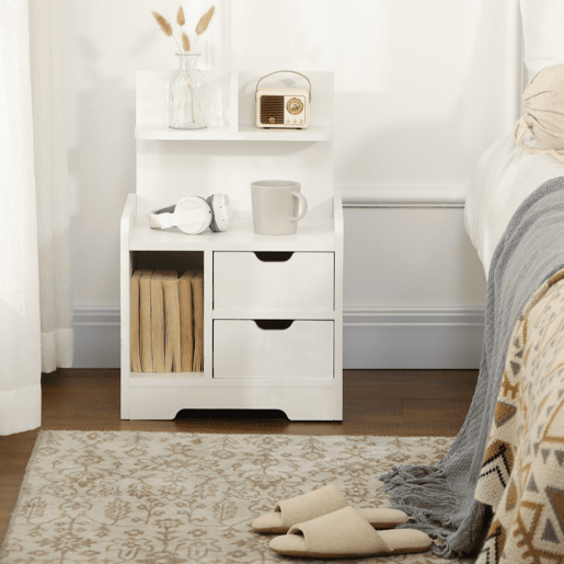 HOMCOM Mesa de Cabeceira Moderna Mesa de Cabeceira com 2 Gavetas e 3 Compartimentos de Armazenamento para Sala de Estar Quarto Carga 30 kg 40x30x60 cm Branco