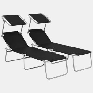 Outsunny Conjunto de 2 Espreguiçadeiras Dobráveis Espreguiçadeiras de Jardim com Toldo Amovível e Ajustável Encosto Ajustável em 4 Níveis Carga 120 kg para Praia Varanda 187x58x36 cm Preto