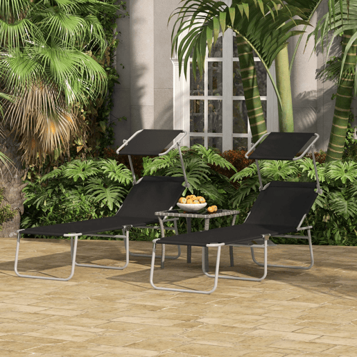 Outsunny Conjunto de 2 Espreguiçadeiras Dobráveis Espreguiçadeiras de Jardim com Toldo Amovível e Ajustável Encosto Ajustável em 4 Níveis Carga 120 kg para Praia Varanda 187x58x36 cm Preto