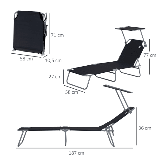 Outsunny Conjunto de 2 Espreguiçadeiras Dobráveis Espreguiçadeiras de Jardim com Toldo Amovível e Ajustável Encosto Ajustável em 4 Níveis Carga 120 kg para Praia Varanda 187x58x36 cm Preto