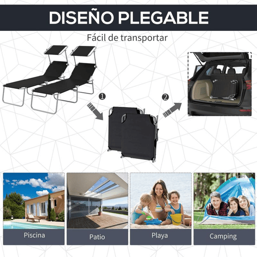 Outsunny Conjunto de 2 Espreguiçadeiras Dobráveis Espreguiçadeiras de Jardim com Toldo Amovível e Ajustável Encosto Ajustável em 4 Níveis Carga 120 kg para Praia Varanda 187x58x36 cm Preto