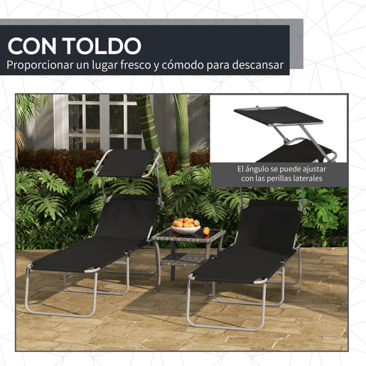 Outsunny Conjunto de 2 Espreguiçadeiras Dobráveis Espreguiçadeiras de Jardim com Toldo Amovível e Ajustável Encosto Ajustável em 4 Níveis Carga 120 kg para Praia Varanda 187x58x36 cm Preto