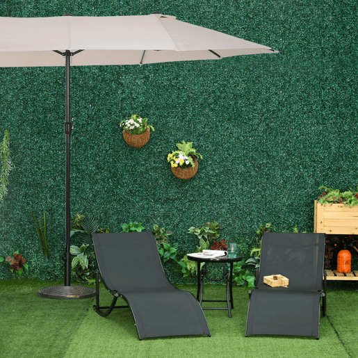 Outsunny Conjunto de Chapéu de Sol Duplo e 2 Espreguiçadeiras Dobráveis em Forma de S para Pátio Jardim Varanda 4,55x2,65x2,38 m 165x61x63 cm Bege e Preto