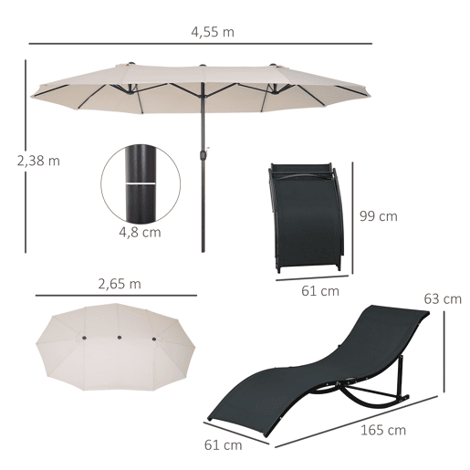 Outsunny Conjunto de Chapéu de Sol Duplo e 2 Espreguiçadeiras Dobráveis em Forma de S para Pátio Jardim Varanda 4,55x2,65x2,38 m 165x61x63 cm Bege e Preto