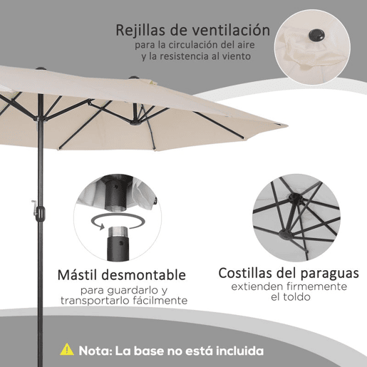 Outsunny Conjunto de Chapéu de Sol Duplo e 2 Espreguiçadeiras Dobráveis em Forma de S para Pátio Jardim Varanda 4,55x2,65x2,38 m 165x61x63 cm Bege e Preto