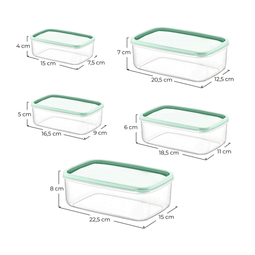 Conjunto de 5 recipientes herméticos para alimentos, formato retangular 7house Conjunto de 5 recipientes herméticos para alimentos, formato retangular 7house