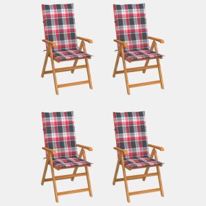 vidaXL Cadeiras jardim c almofadões xadrez vermelho 4 pcs teca maciça