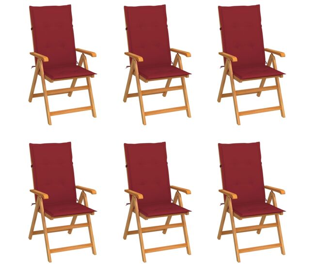 Vidaxl sillas de jardín 6 uds madera maciza de teca cojines rojo tinto