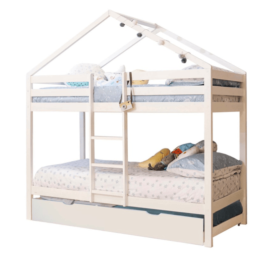 Beliche casinha de campo + cama extraível madeira branca 90x19090x190cm