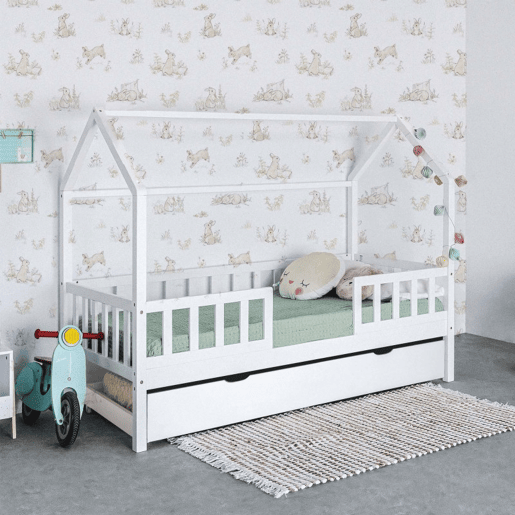 Cama casinha com grade + 2 gavetas madeira branca 90x190cm
