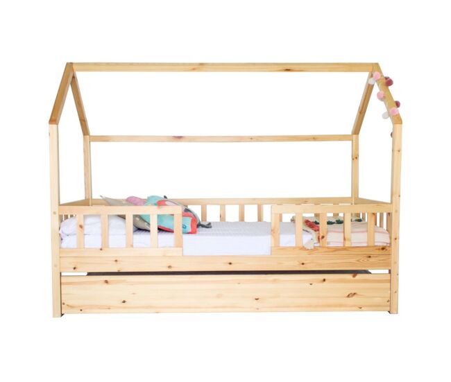 Cama casita con barandilla + cama de arrastre madera pino 90x190cm