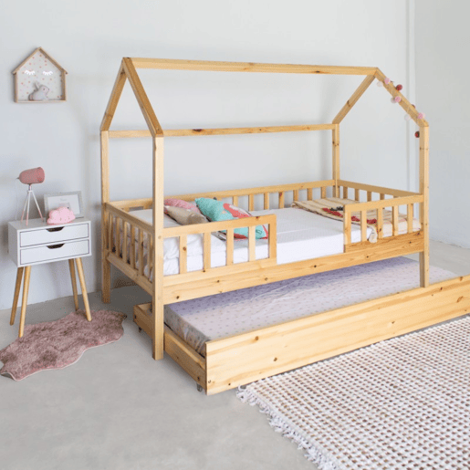 Cama casinha com grade + madeira pinho 90x190cm