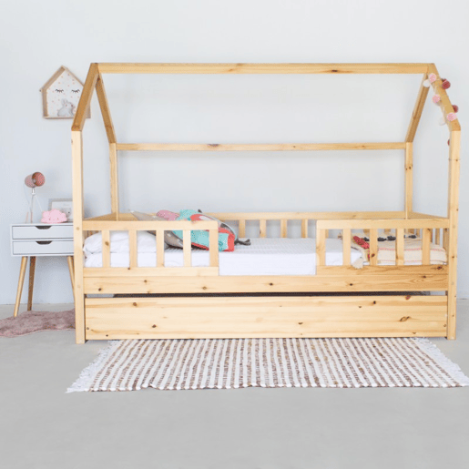 Cama casinha com grade + madeira pinho 90x190cm