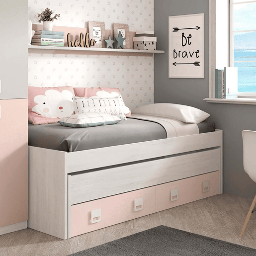 Cama e prateleira de aglomerado rosa sem estrados e colchão 65x199x96cm