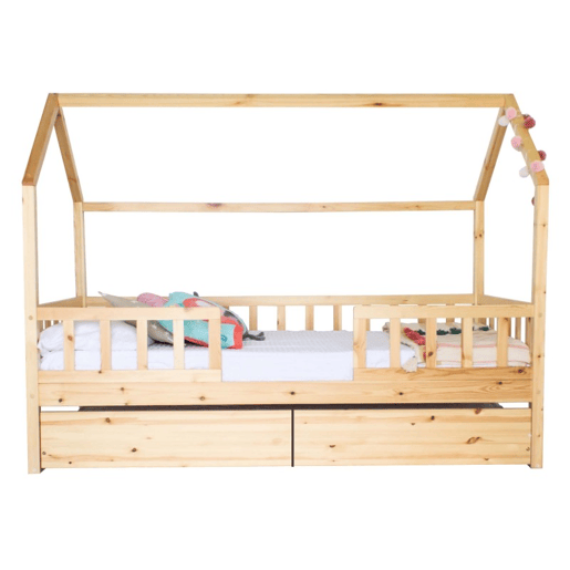 Cama casinha com grade + 2 gavetas em madeira pinho 90x190cm