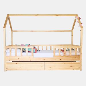 Cama casinha com grade + 2 gavetas em madeira pinho 90x190cm