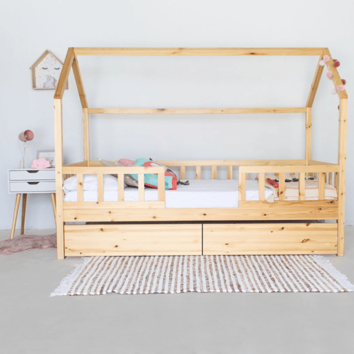 Cama casinha com grade + 2 gavetas em madeira pinho 90x190cm