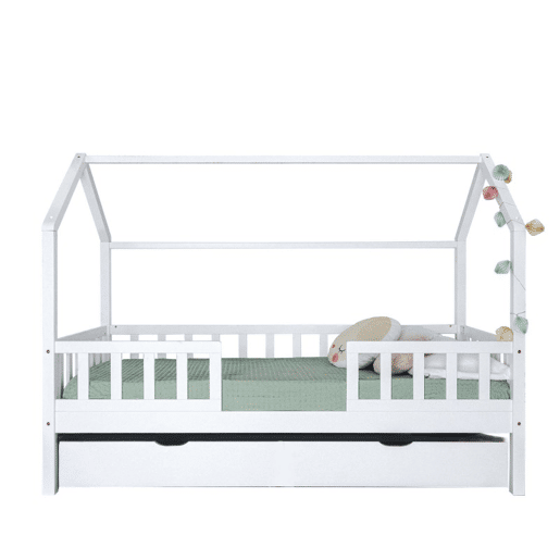 Cama casinha com grade + gaveta de arrumação em madeira branca 90x190cm