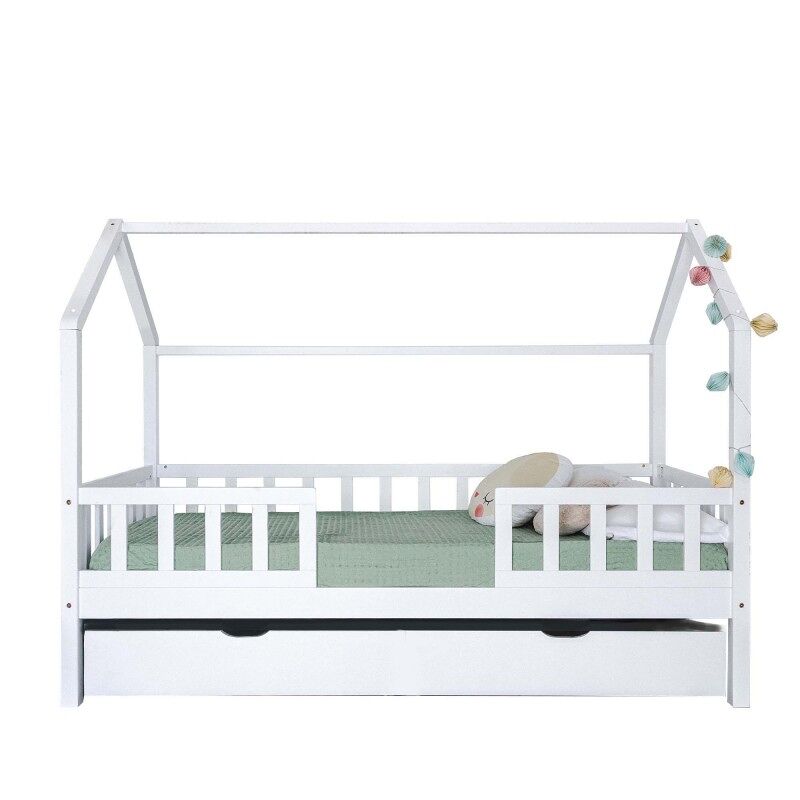 Cama casita con barandilla + cama elevable madera blanco 90x190cm