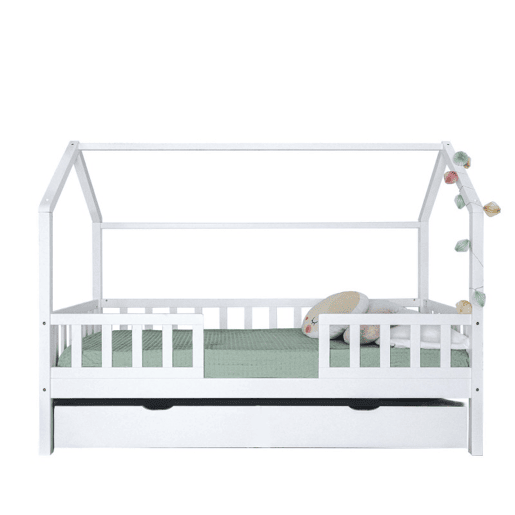 Cama casinha com grade + cama elevável de madeira branca 90x190cm