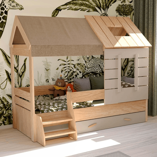 Cama de criança casinha + gaveta em aglomerado cinzento 90x200cm