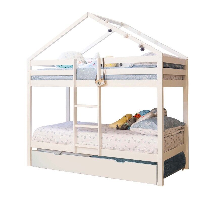 Litera casita + cama elevable madera blanco 90x190/90x190cm