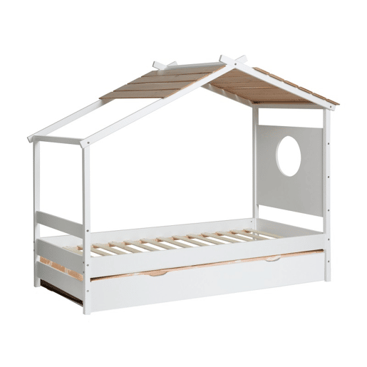 Cama cabana + cama elevável em madeira branca 90x190cm