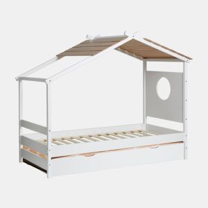 Cama cabana + cama elevável em madeira branca 90x190cm