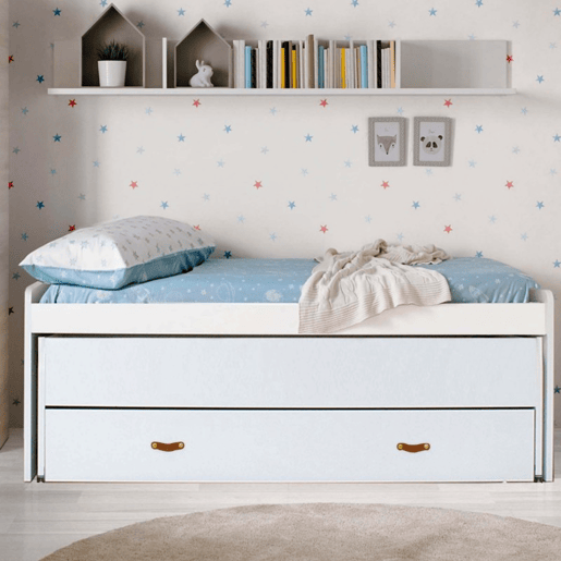 Cama + gavetas aglomerado branco com estrados e colchões 90x200cm