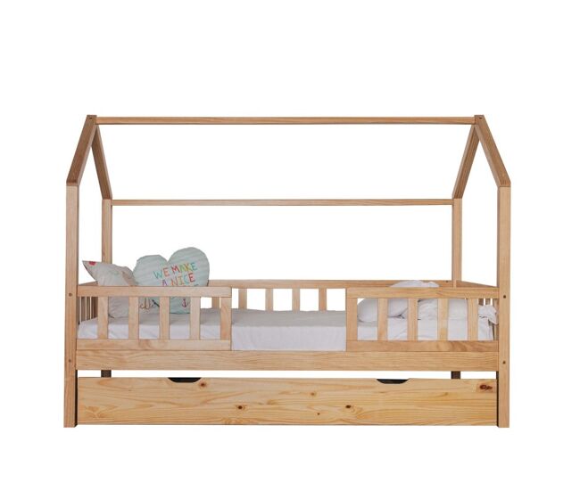 Cama casita con barandilla + cama elevable madera pino 90x190cm
