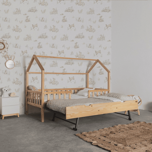 Cama casinha com grade + madeira de pinho 90x190cm