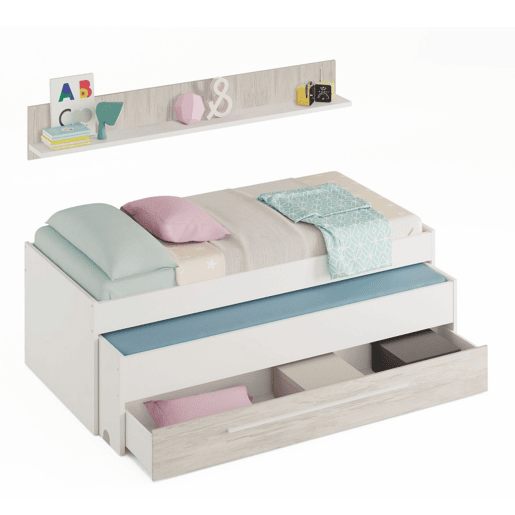 Cama e estante em aglomerado branco + estrados 65x199x96cm Cama e estante em aglomerado branco + estrados 65x199x96cm