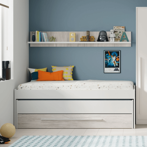 Cama e estante em aglomerado branco + estrados 65x199x96cm Cama e estante em aglomerado branco + estrados 65x199x96cm