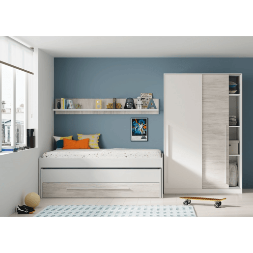 Cama e estante em aglomerado branco + estrados 65x199x96cm Cama e estante em aglomerado branco + estrados 65x199x96cm