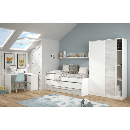 Cama e estante em aglomerado branco + estrados 65x199x96cm Cama e estante em aglomerado branco + estrados 65x199x96cm