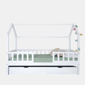 Cama casinha com grade + cama extraível em madeira branca 90x190cm