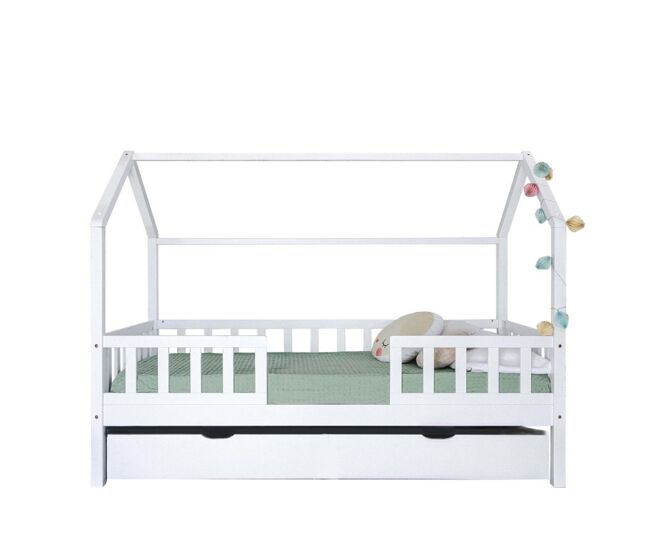 Cama casita con barandilla + cama de arrastre madera blanco 90x190cm