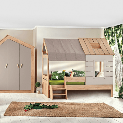 Cama de criança casinha de aglomerado cinzento 90x200cm