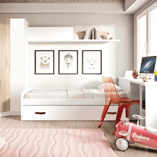 Cama + cama elevável em aglomerado branco com estrado de 9090 cm Cama + cama elevável em aglomerado branco com estrado de 9090 cm