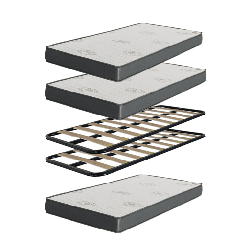 Cama tripla em aglomerado branco com estrados e colchões 105x200cm