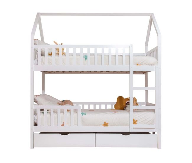 Litera casita + 2 cajones madera blanco 90x190/90x190cm