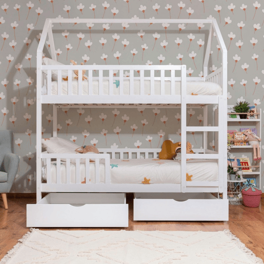 Beliche casinha + 2 gavetas de madeira branco 90x19090x190cm